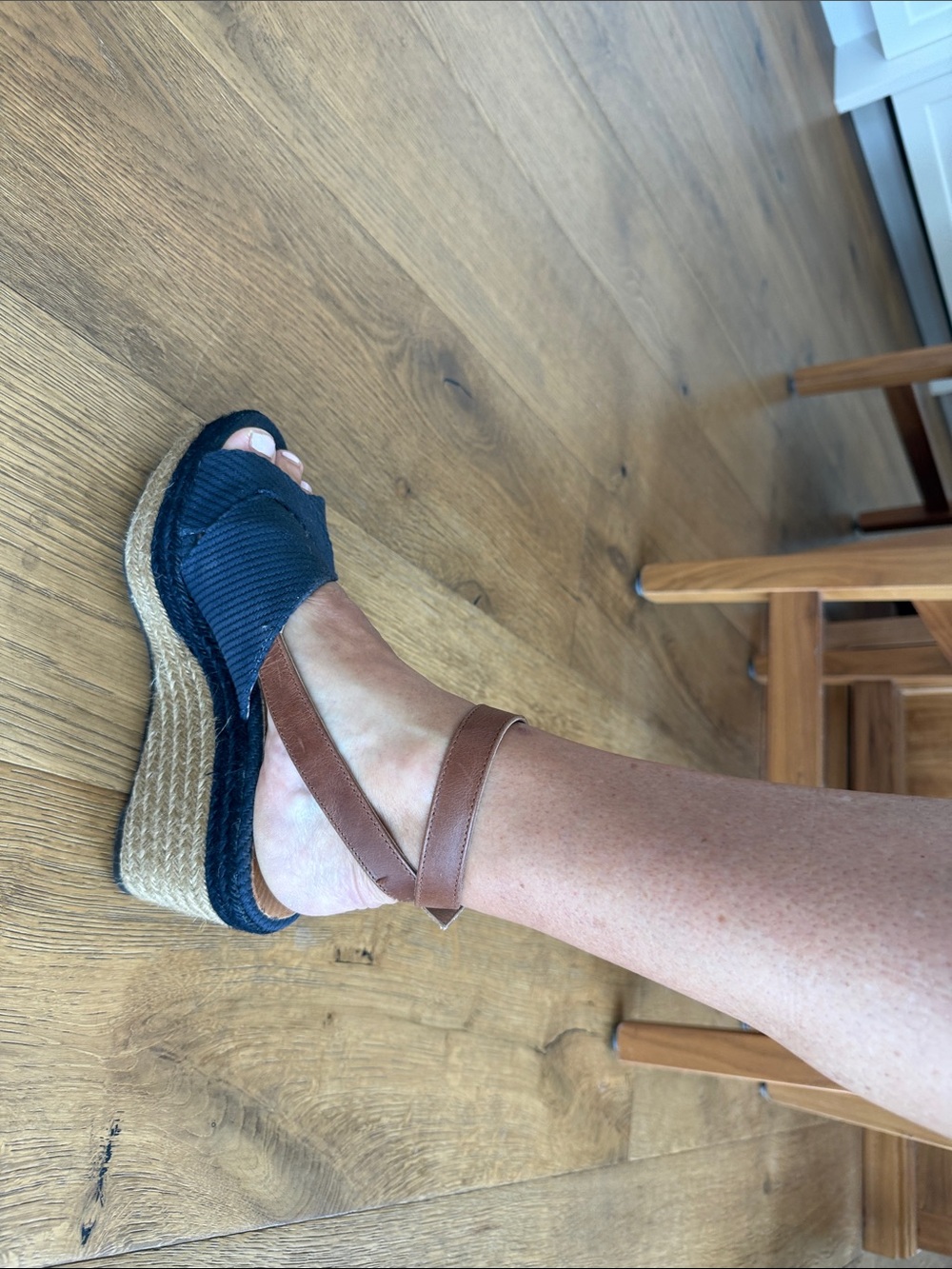 Castaner Woven Navy Espadrille Wedge Sandals with Brown Ankle Strap